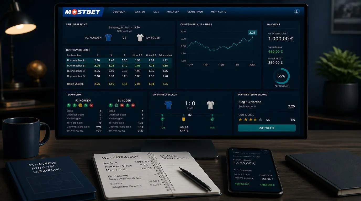 Sportwetten-Analyse mit Quotenvergleich, Spielstatistiken und festem Einsatzbudget auf einem Bildschirm