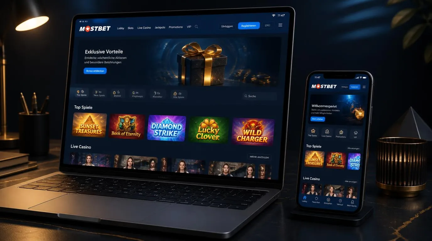 Moderne Casino-Plattform auf Laptop und Smartphone mit Spieleauswahl, Bonusbereich und stabiler Navigation