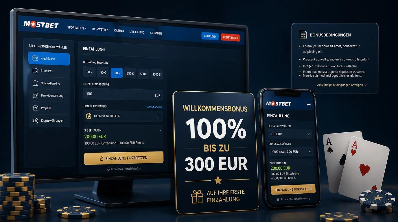 Casino-Bonusübersicht mit 100-Prozent-Angebot bis 300 Euro und digitalem Einzahlungsscreen