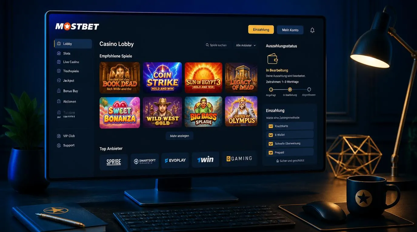 Casino-Lobby mit Spielautomaten, Anbieterlogos und übersichtlichem Auszahlungsbereich