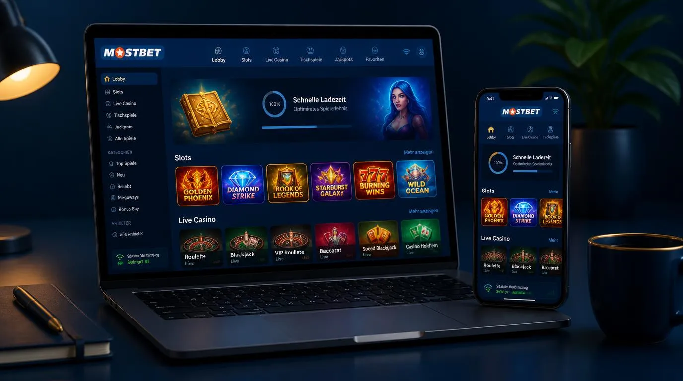 Casino-Lobby auf Laptop und Smartphone mit Slots, Tischspielen und schnellen Ladeanzeigen