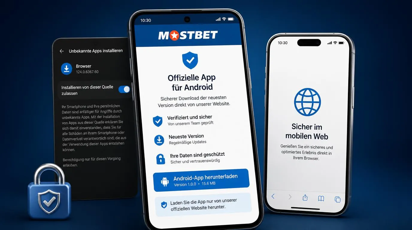 Smartphone mit offizieller Downloadseite, Android-Berechtigung und Sicherheitsschloss
