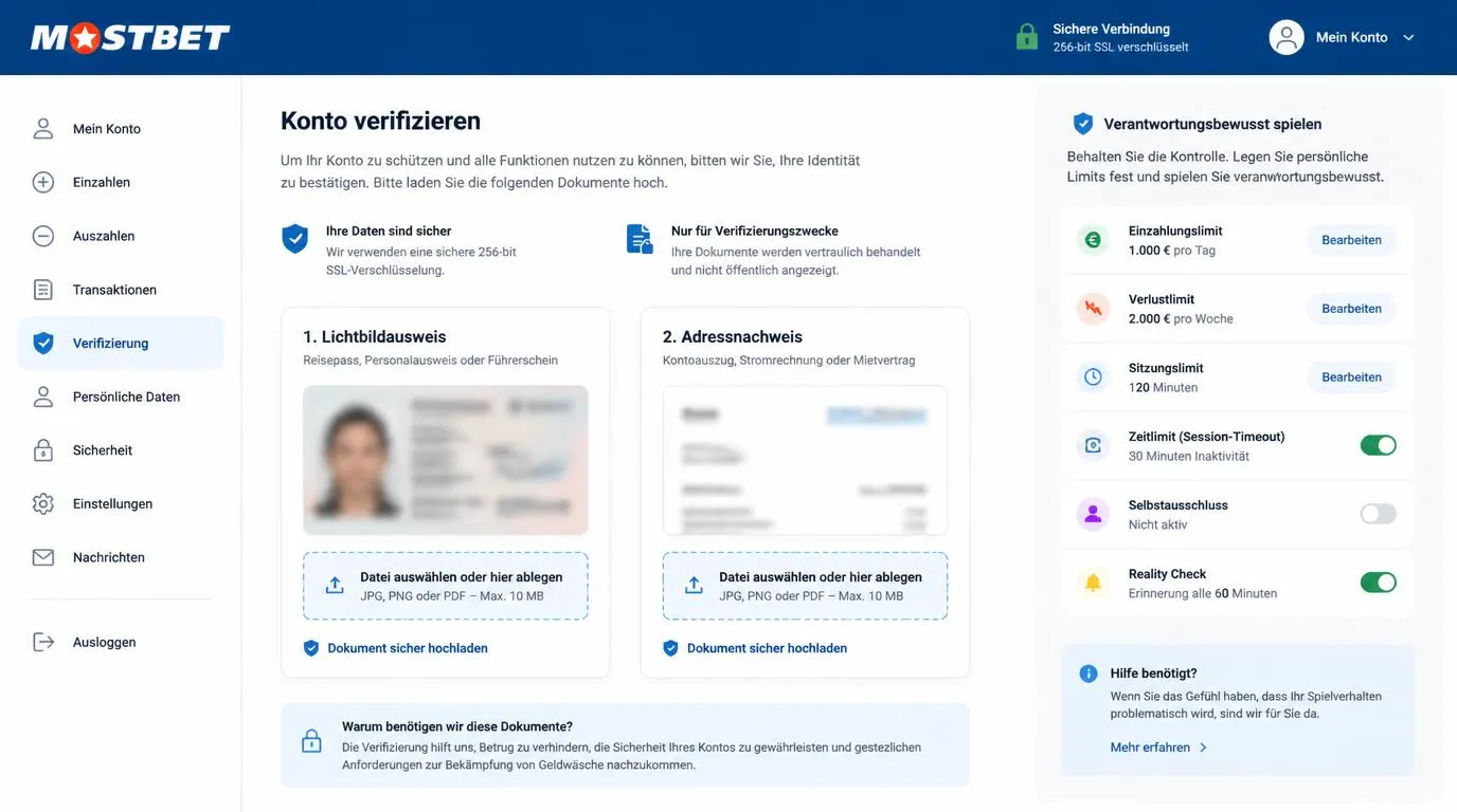 Kontoansicht mit sicherem Upload von Ausweis und Adressnachweis für die KYC-Prüfung
