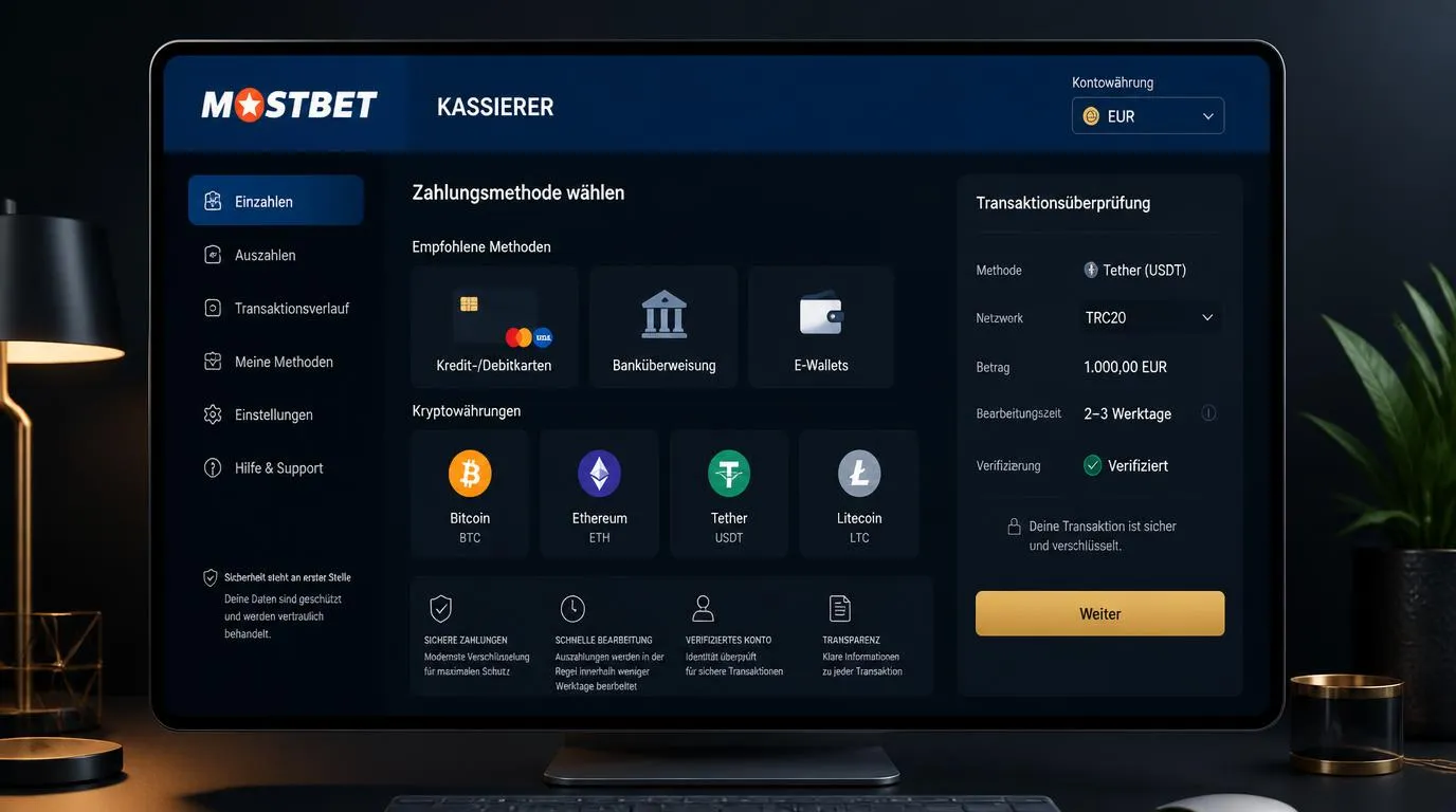 Casino-Kassenansicht mit Karte, Banküberweisung, E-Wallet und Kryptowährungen in Euro