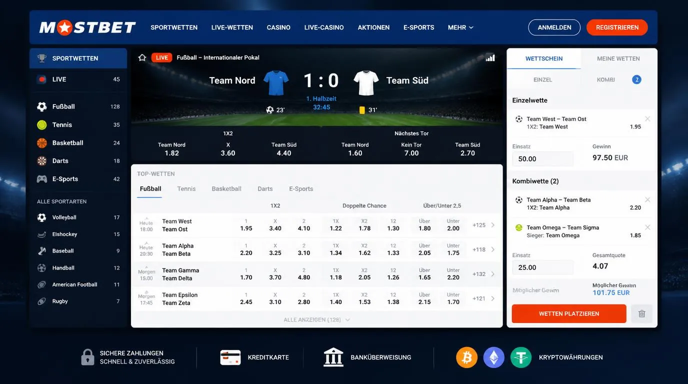 Sportwetten-Oberfläche mit Fußballquoten, Live-Märkten und Wettschein für Einzel- und Kombiwetten