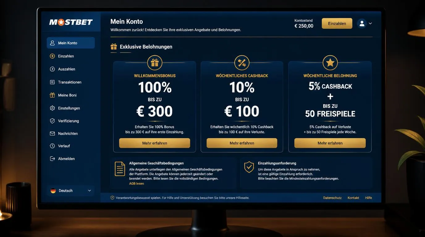 Casino-Kontoansicht mit Willkommensbonus, wöchentlichem Cashback und Freispielen